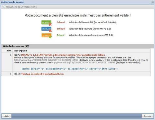 Veuillez donc contrôler le contenu de votre page. Cliquez sur les rapports d'erreur pour avoir des descriptions plus précises du problème.