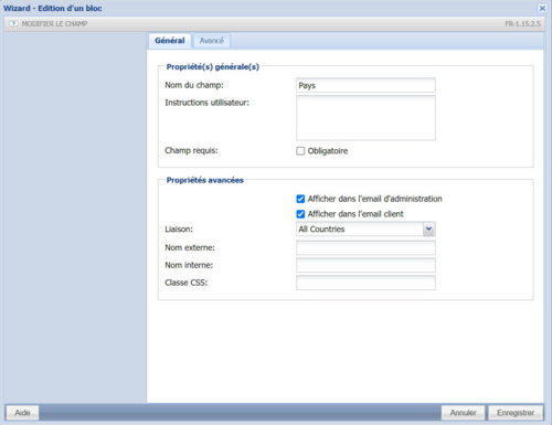 Pour la partie « Avancée », effacez les choix par défaut pour que tout soit vide.